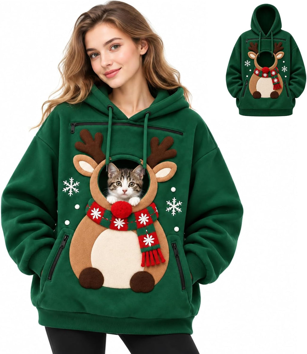 Women Halloween Pet Pouch Hoodie, Sherpa Cat Dog Carrier Hoodies, Puppy Holder Carrying Hooded Sweatshirt, Solid & Halloween Print Long Sleeve Big Pocket Oversized Pullover Jumper for Pet Lovers