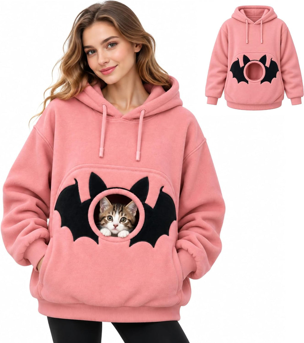 Women Halloween Pet Pouch Hoodie, Sherpa Cat Dog Carrier Hoodies, Puppy Holder Carrying Hooded Sweatshirt, Solid & Halloween Print Long Sleeve Big Pocket Oversized Pullover Jumper for Pet Lovers
