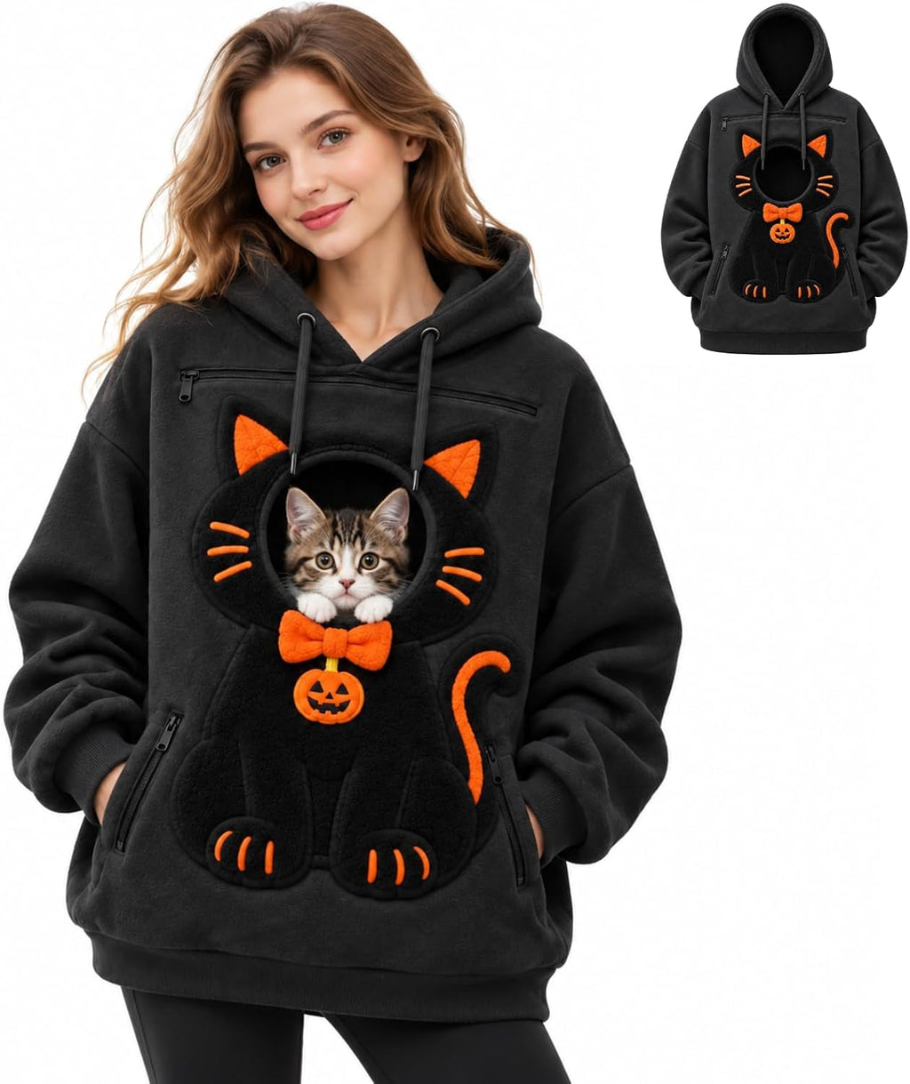 Women Halloween Pet Pouch Hoodie, Sherpa Cat Dog Carrier Hoodies, Puppy Holder Carrying Hooded Sweatshirt, Solid & Halloween Print Long Sleeve Big Pocket Oversized Pullover Jumper for Pet Lovers