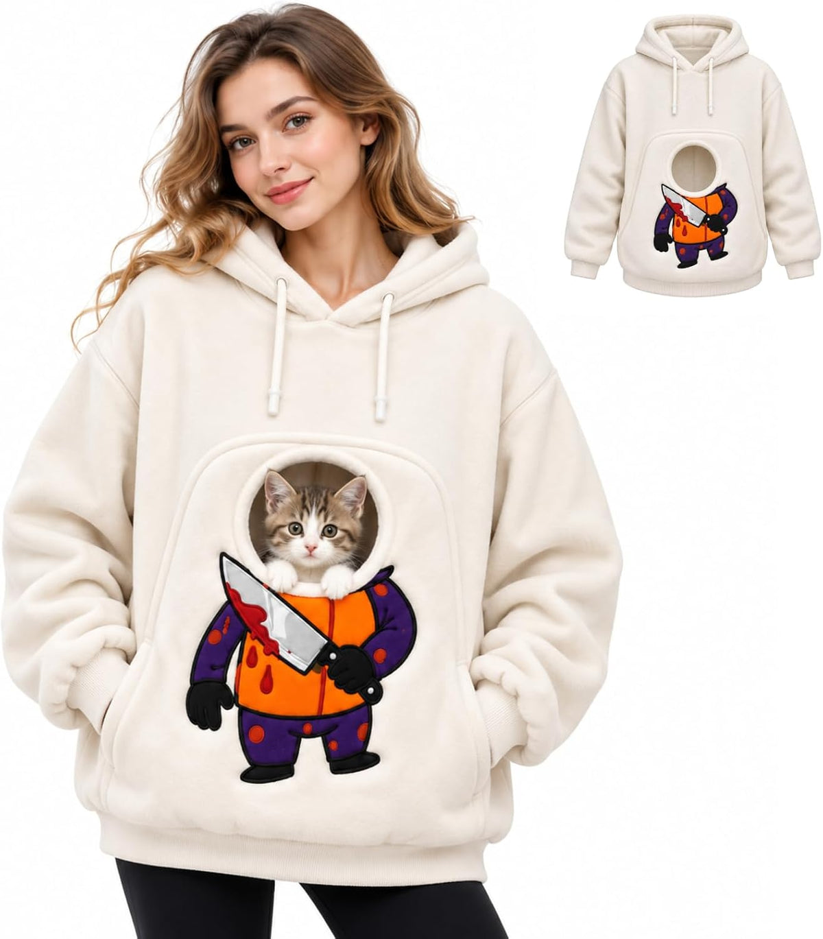 Women Halloween Pet Pouch Hoodie, Sherpa Cat Dog Carrier Hoodies, Puppy Holder Carrying Hooded Sweatshirt, Solid & Halloween Print Long Sleeve Big Pocket Oversized Pullover Jumper for Pet Lovers