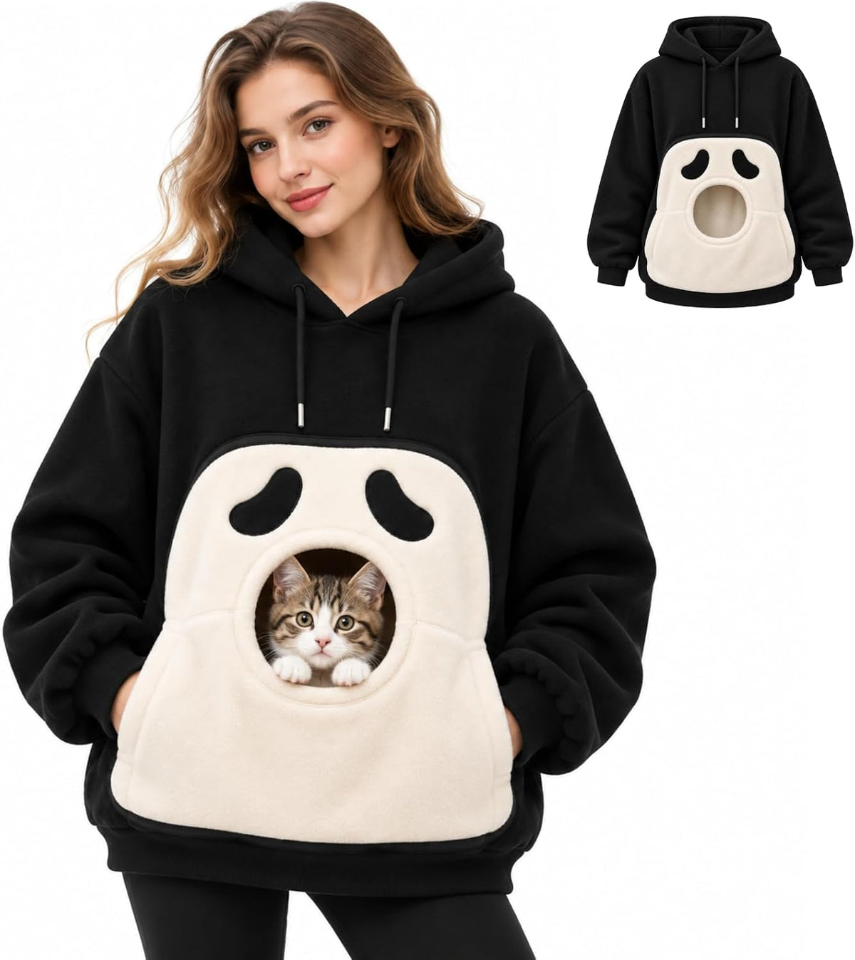 Women Halloween Pet Pouch Hoodie, Sherpa Cat Dog Carrier Hoodies, Puppy Holder Carrying Hooded Sweatshirt, Solid & Halloween Print Long Sleeve Big Pocket Oversized Pullover Jumper for Pet Lovers