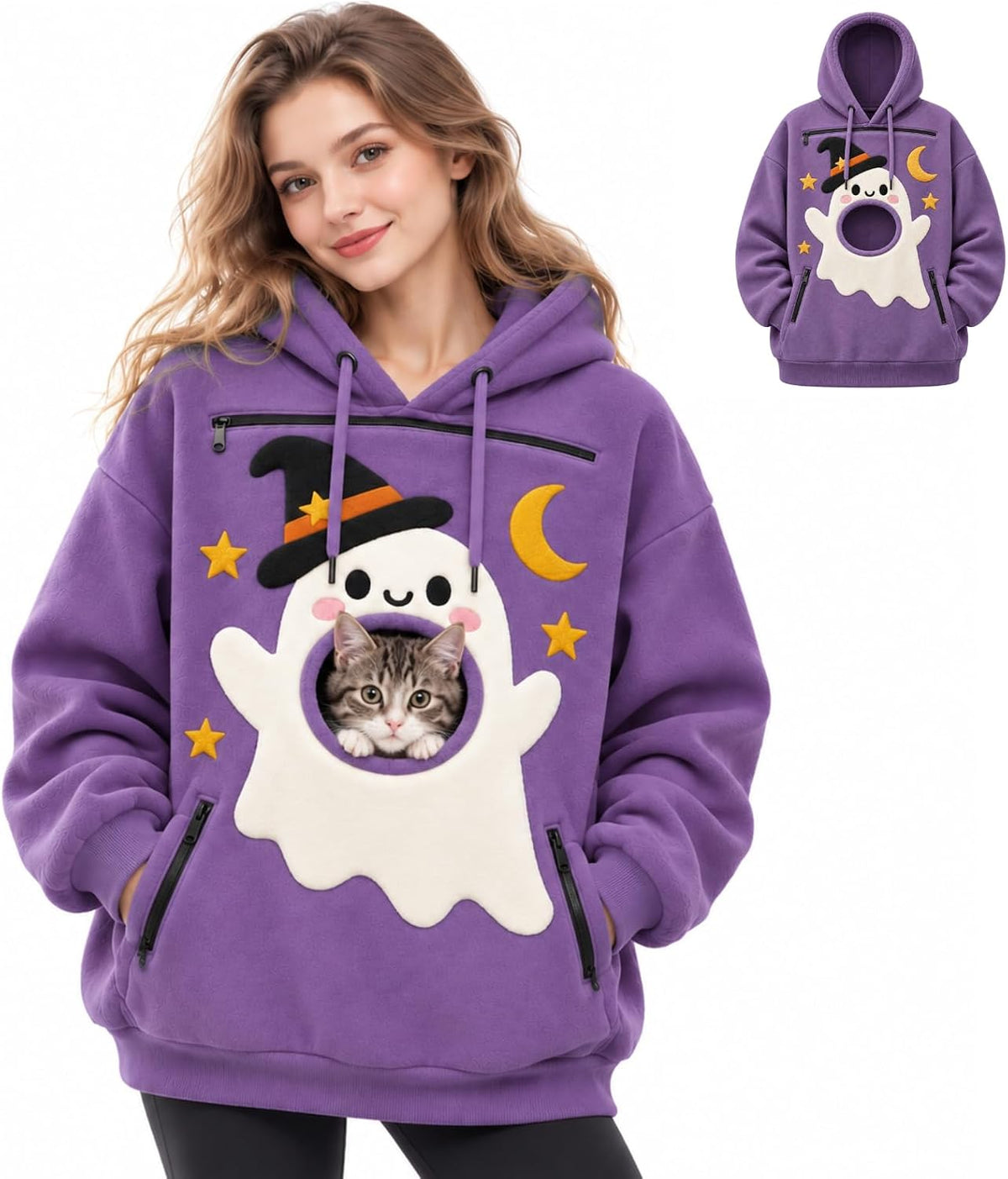 Women Halloween Pet Pouch Hoodie, Sherpa Cat Dog Carrier Hoodies, Puppy Holder Carrying Hooded Sweatshirt, Solid & Halloween Print Long Sleeve Big Pocket Oversized Pullover Jumper for Pet Lovers