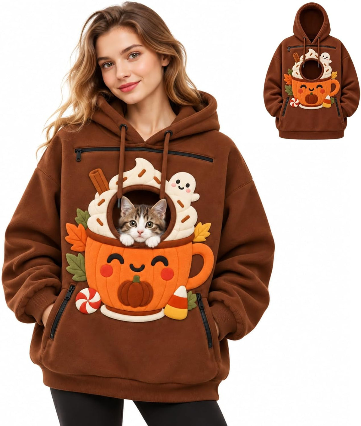 Women Halloween Pet Pouch Hoodie, Sherpa Cat Dog Carrier Hoodies, Puppy Holder Carrying Hooded Sweatshirt, Solid & Halloween Print Long Sleeve Big Pocket Oversized Pullover Jumper for Pet Lovers