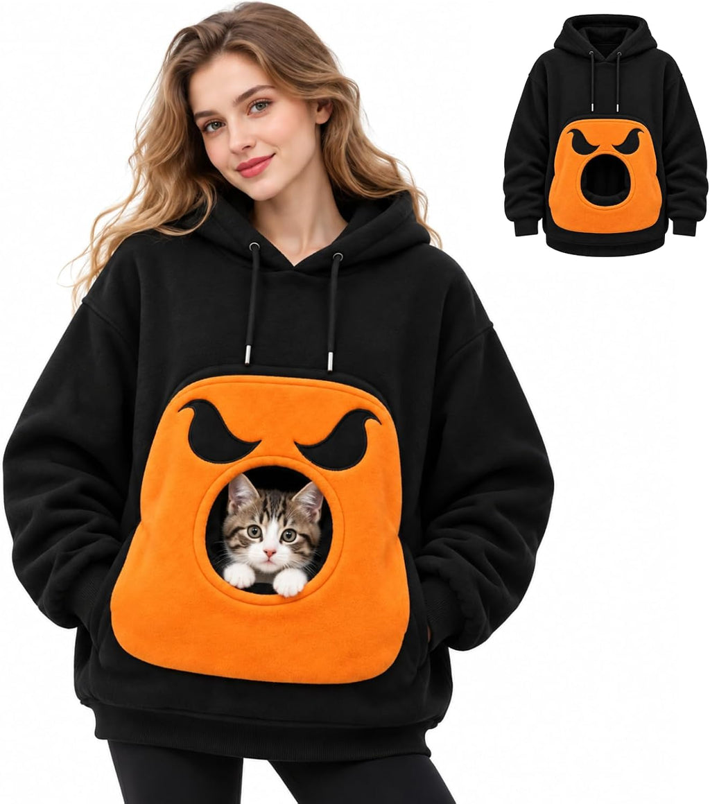 Women Halloween Pet Pouch Hoodie, Sherpa Cat Dog Carrier Hoodies, Puppy Holder Carrying Hooded Sweatshirt, Solid & Halloween Print Long Sleeve Big Pocket Oversized Pullover Jumper for Pet Lovers