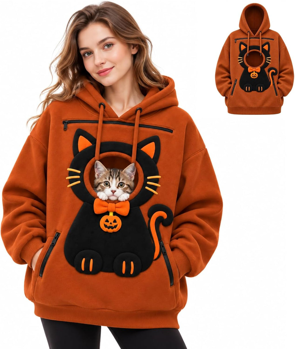 Women Halloween Pet Pouch Hoodie, Sherpa Cat Dog Carrier Hoodies, Puppy Holder Carrying Hooded Sweatshirt, Solid & Halloween Print Long Sleeve Big Pocket Oversized Pullover Jumper for Pet Lovers